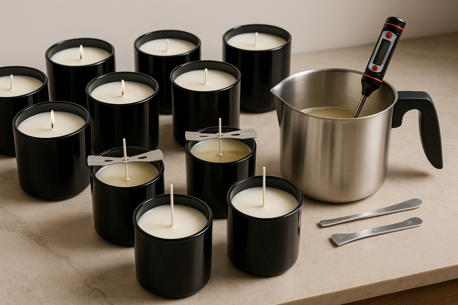 professional candle making (black candle jars with white wax)